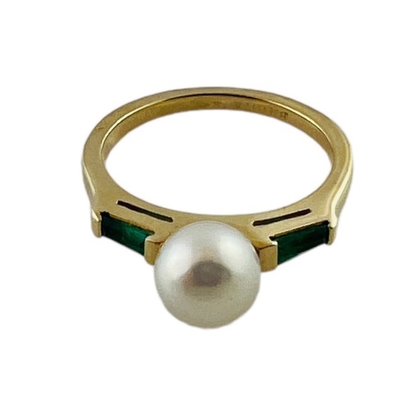 14K Yellow Gold Cultured Pearl Lab Created Emerald Ring Size 5 #15676 - Picture 7 of 9